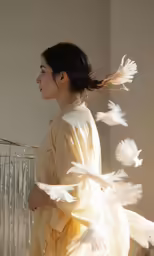 an oriental woman in a white robe with white birds in the air
