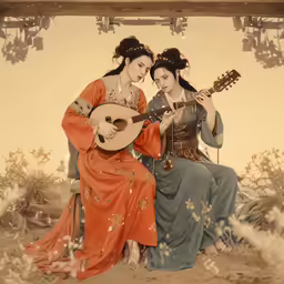 two women dressed in medieval style clothing are holding guitars and posing for a photo