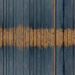 two blue wooden planks with brown paint that has been stripped,a wooden floor with the brown line on it