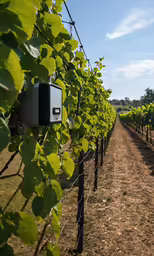 a field full of vines growing with a sign on the vine