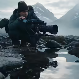 a photographer is kneeling by a lake taking pictures