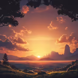 an image of the sun setting with mountains and fields