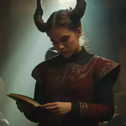 a woman is dressed in red holding an open book