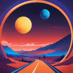 the illustration shows a view of the mountains, plains and a large moon,a painting of two planets in the middle of a landscape