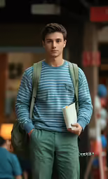 a young man is holding a coffee mug and holding his camera in the street