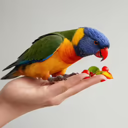 a colorful bird perched on the finger of someone holding a piece of fruit