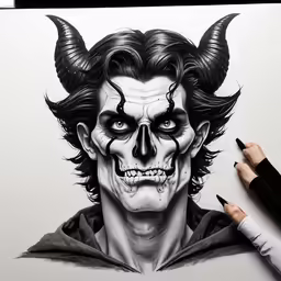 two people drawing a creepy looking portrait of an evil male