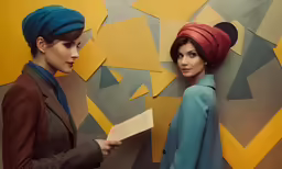 a woman standing next to another women in front of a painting