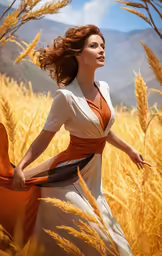 a woman is standing outside in a wheat field
