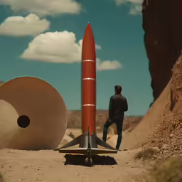 a man is standing in front of a rocket and another object
