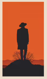 the silhouette of a man is shown against an orange sky