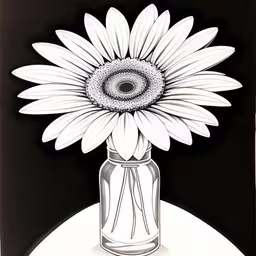 an ink painting of a sunflower in a glass vase,a vase filled with a sunflower sitting on top of a table