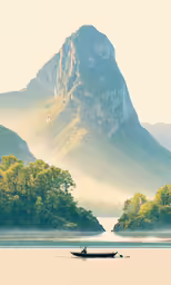 an old boat on the beach in front of a mountain