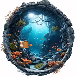 a photo frame depicting a rocky cave with an underwater scene and fishes