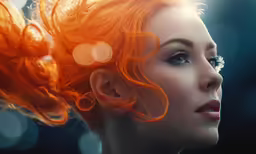 woman with orange hair and sparkling blue eyes looking at something