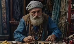 a man wearing an old - fashioned cap is preparing a small display of chocolates