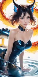 a woman in a wet suit is sitting in water