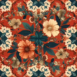 a flowery and blue pattern is shown on a red ground
