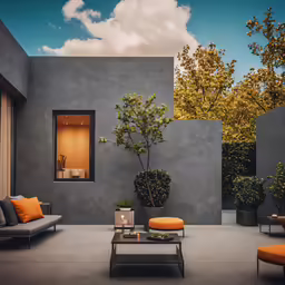 the outdoor patio has couches and tables for seating