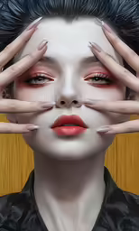 a woman with black hair and makeup wearing nail art