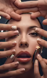 a woman with manicured nails holding her face