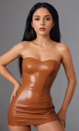 a woman in a brown leather outfit