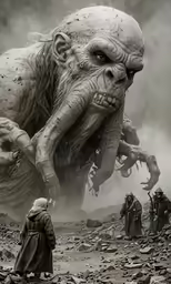 two people standing next to an creature on a rocky surface