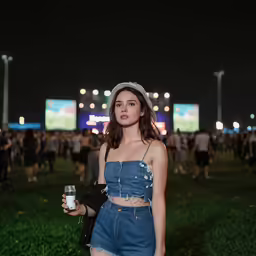 a woman standing in the grass holding a glass of milk