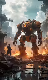 two large robot with yellow armor standing next to some water