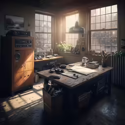 a room with two windows, a table and various tools