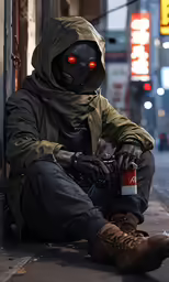 a man sitting on the side of a building next to a sign