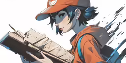 the anime character is holding a big piece of wood