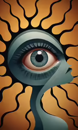 an eye is looking up with the background made up