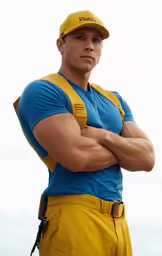 a man in yellow and blue shirt with his arms crossed