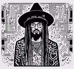a black and white painting of a person wearing a hat,a person wearing a hat with long braids