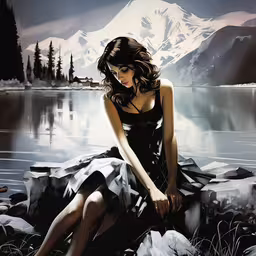 a woman is sitting on a rock by the water,the woman is sitting on a rock looking out at the mountain
