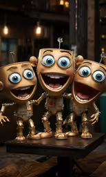 three little toy characters stand on a table