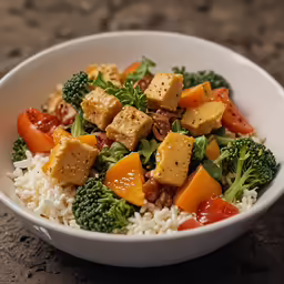 a healthy meal with tofu, carrots, broccoli, rice and sauce