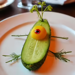 a plate topped with an egg and cucumber
