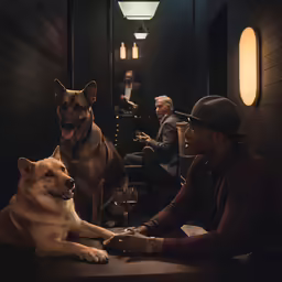 some people and two dogs in the hallway