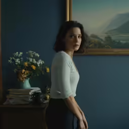 the woman is standing against the painting near the table