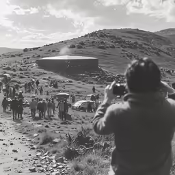 a person takes pictures as they walk on the side of a road