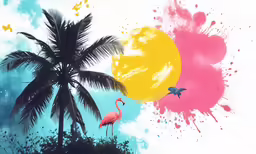 a pink flamingo in front of a tree with colorful paint splatters on it