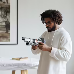 a young man holding a camera and looking at the screen