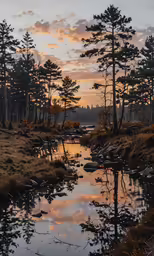 a small river surrounded by lots of pine trees