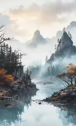 this is a painting of some trees in the mountains
