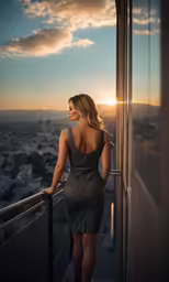 a woman is looking out the window as the sun sets