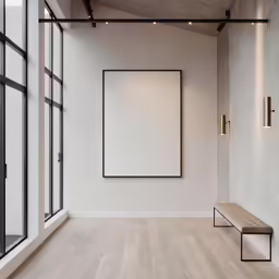 a large blank sign on the wall next to some large windows