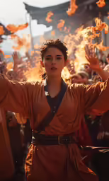 a woman in a robe with red flames coming out from her chest