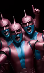 a group of three men in blue and pink leather suits